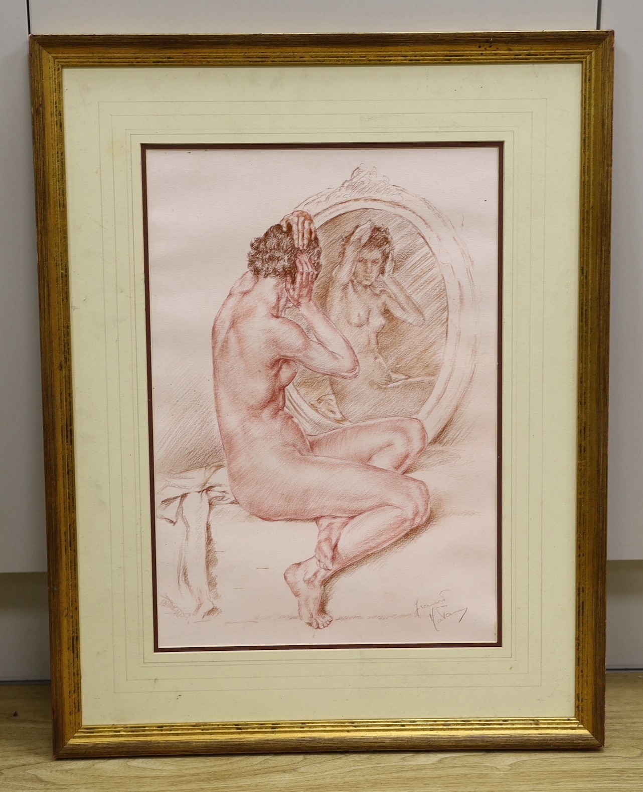 Franco Matania (1922-2006), pastel, Nude in a looking glass, signed, 45 x 31cm